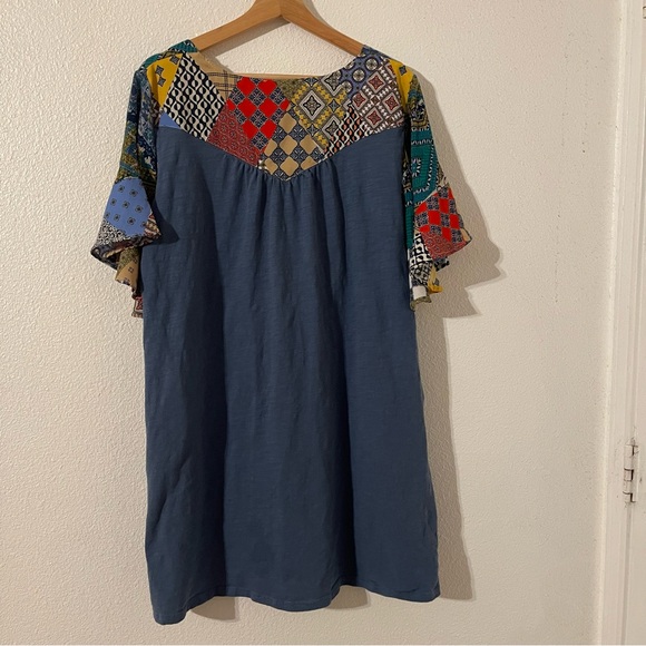Umgee Dress Womens XL Blue Patchwork Flutter Sleeve w/ Pockets Boho Beach Hippie - Picture 8 of 11